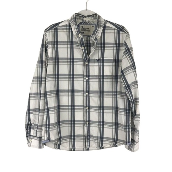 American Eagle Outfitters Men M Shirt Button Front Long Sleeve White Navy Gray - Picture 1 of 4